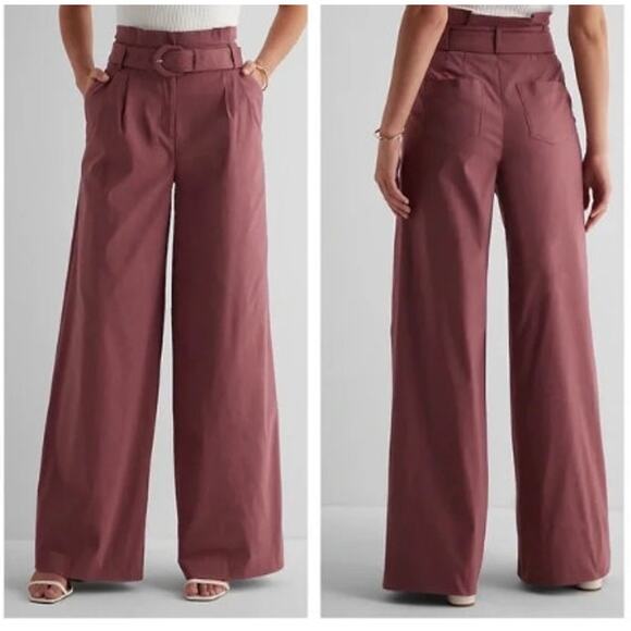 New NWOT Express Super High Waisted Belted Paperbag Wide Leg Pant Size 4 Mauve - Picture 1 of 12